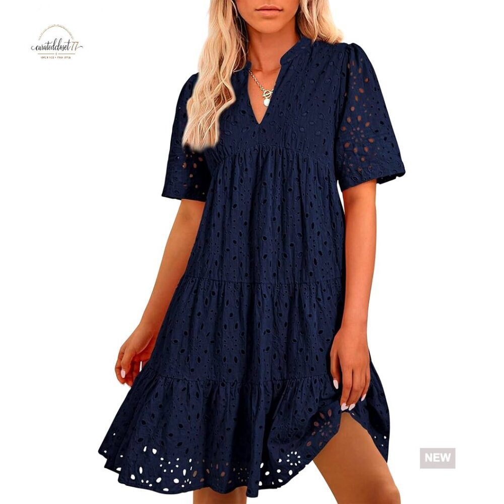 V-Neck Short Sleeve Hollow Out Lace Mini Dress, Loose Fit, Machine Washable